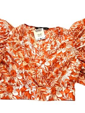 Zara White and Orange Floral Puff-Sleeve Crop Top